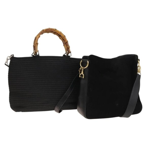 GUCCI Bamboo Shoulder Bag Suede Nylon 2Set Black Auth ep10170 - Picture 1 of 16